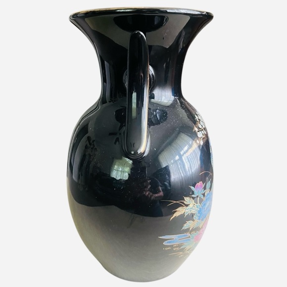 Vintage porcelain vase black hand painted floral bird detail wide handles/openin - Picture 3 of 12